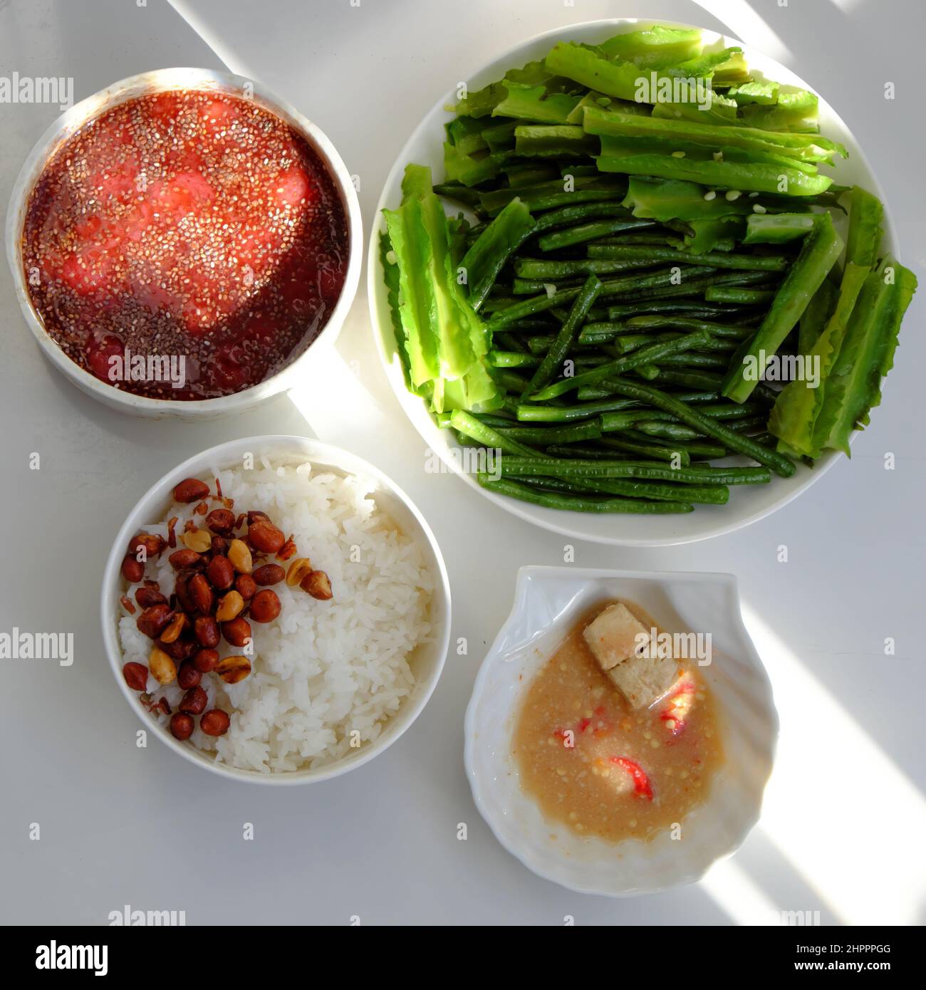 Top view vegan rice dishes for daily meal with non meat raw material