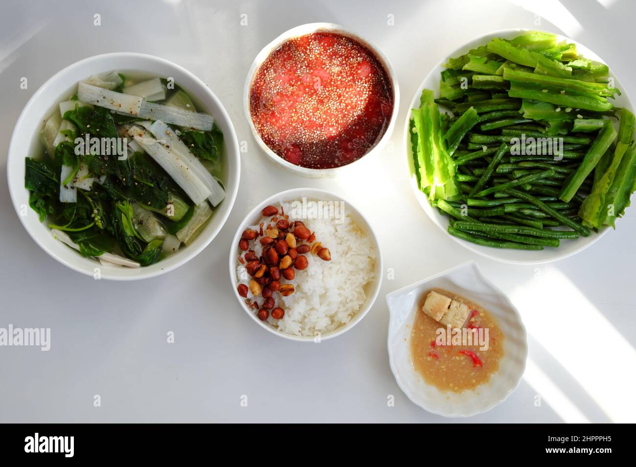 Top view vegan rice dishes for daily meal with non meat raw material ...