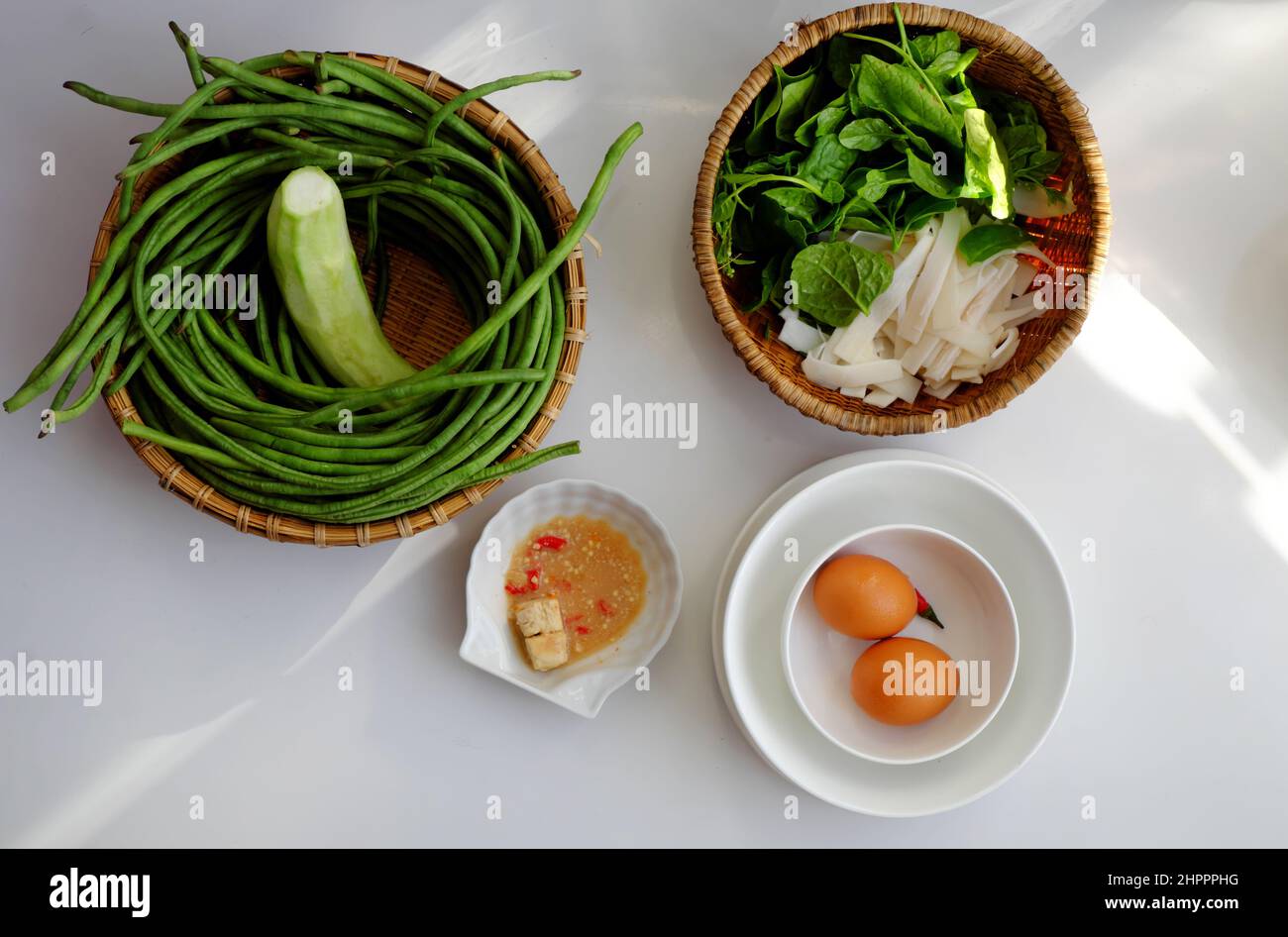 Top view vegan rice dishes for daily meal with non meat raw material, boiled vegetables as