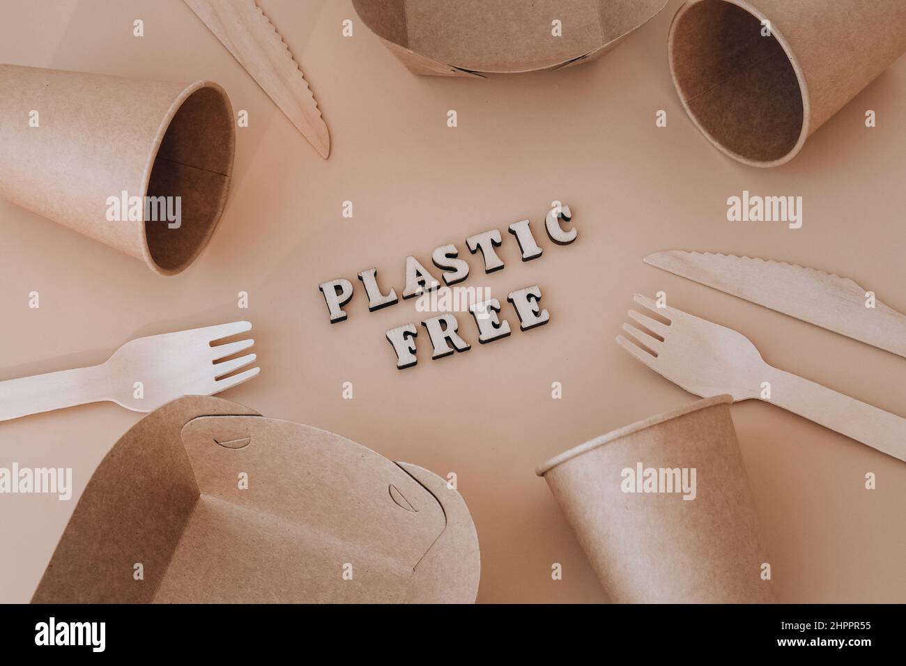 PLASTIC FREE text around Eco friendly, disposable, recyclable, compostable tableware. Paper food
