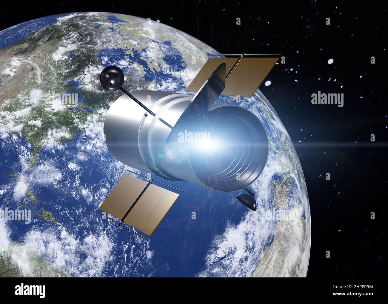Space Telescope Hubble near the Earth planet of Solar system in outer space with lens flare. 3D rendered illustration. Elements of this image where fu Stock Photo