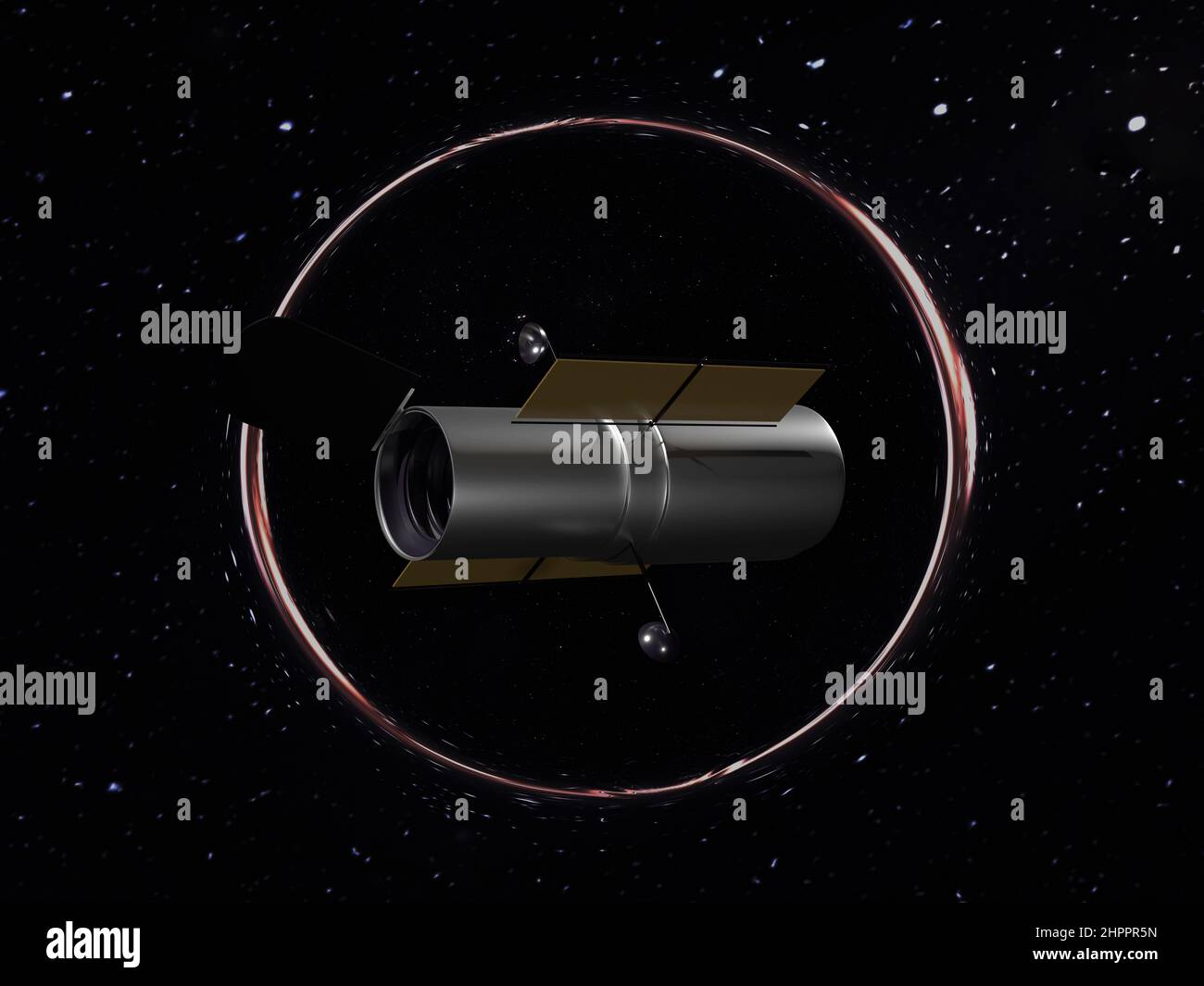 Space Telescope Hubble near black hole somewhere in outer space. 3D rendered illustration. Elements of this image where furnished by NASA. Stock Photo