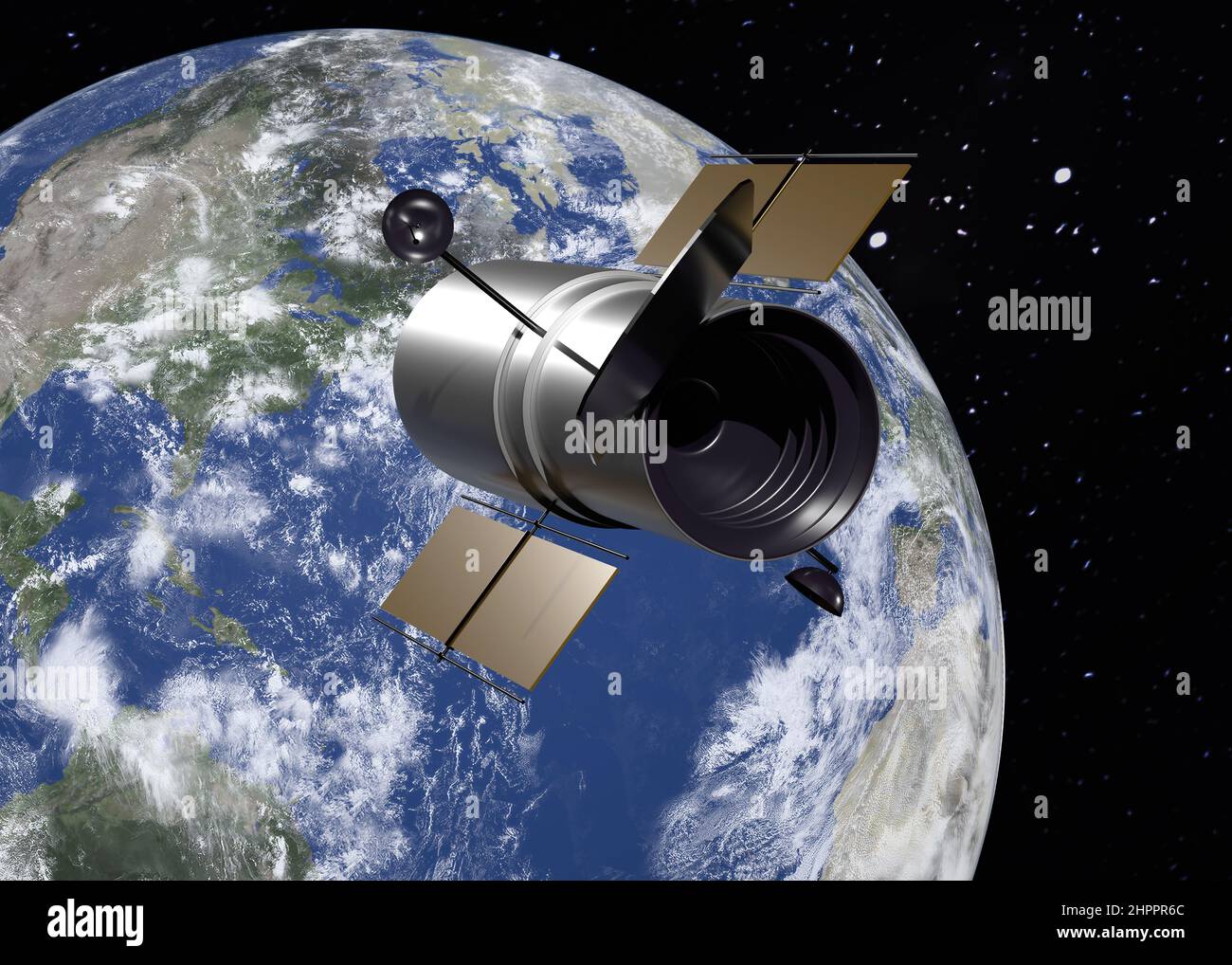 Space Telescope Hubble near the Earth planet of Solar system in outer space. 3D rendered illustration. Elements of this image where furnished by NASA. Stock Photo