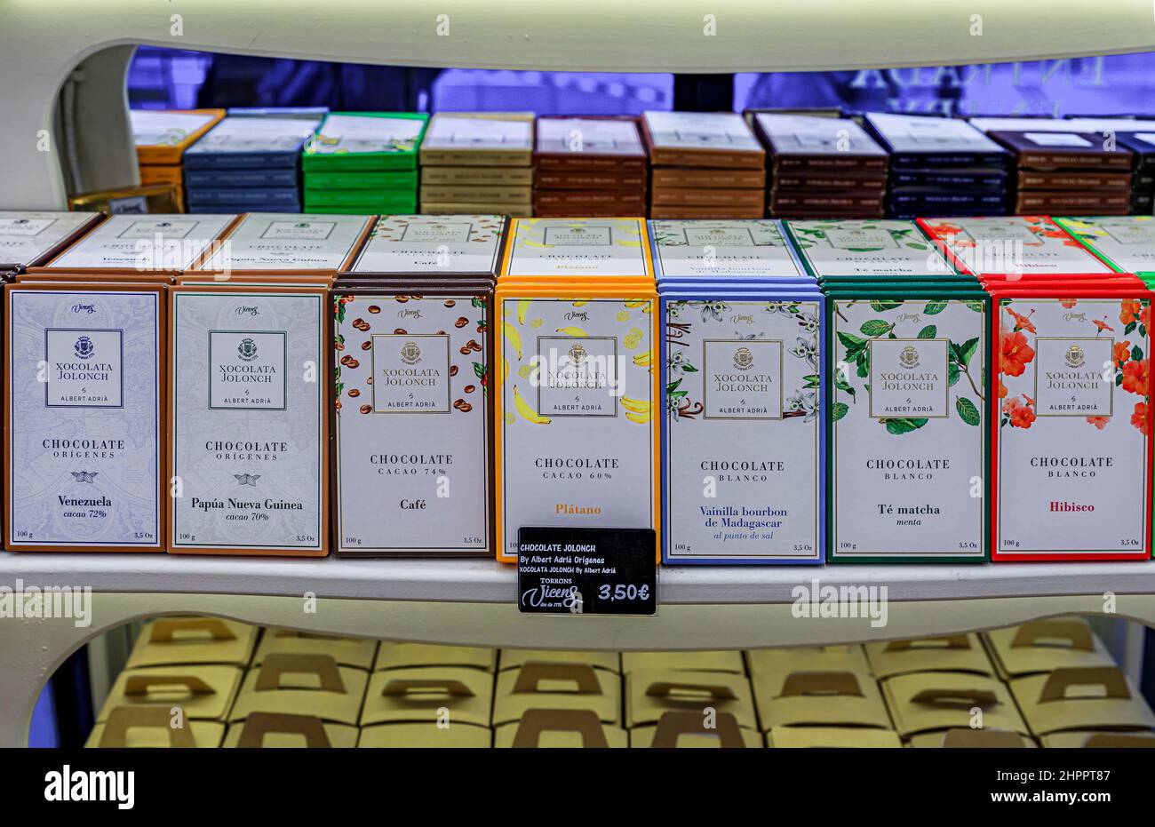 Madrid, Spain June 28, 2021 Chocolate bars on display at Torrons