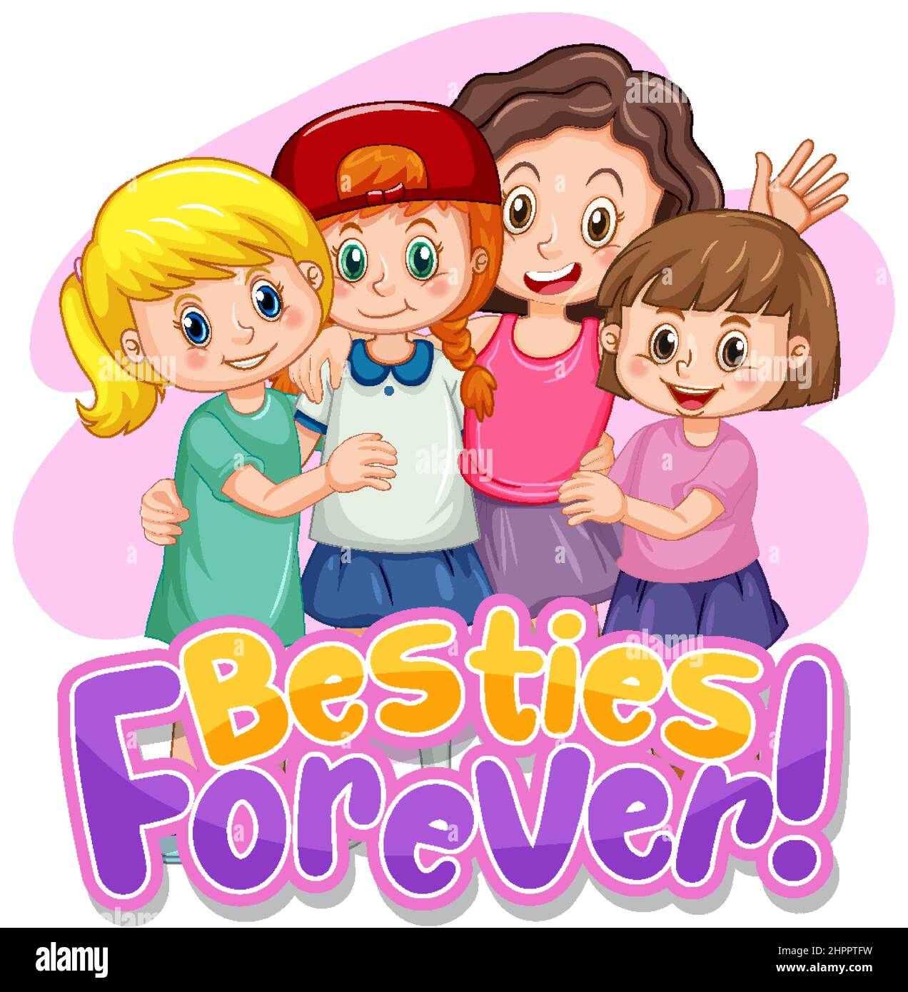 Besties forever typography logo with cute girls group illustration ...