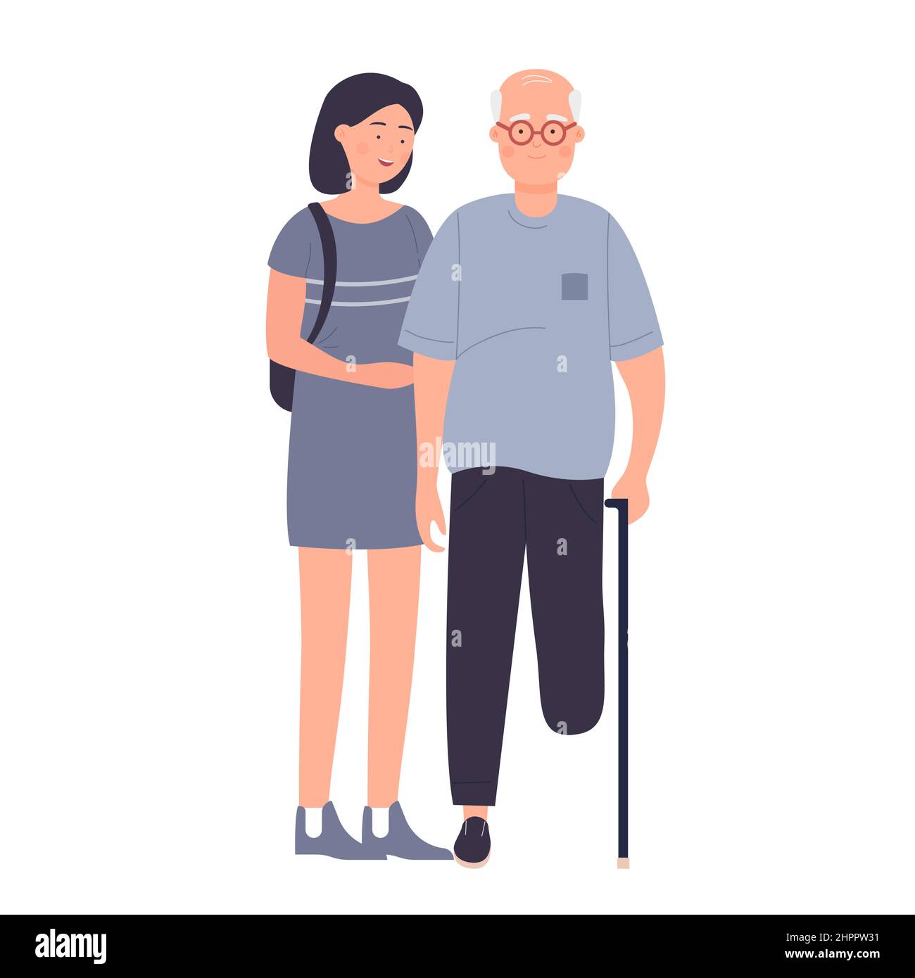Girl supporting senior man with amputated leg. Sympathy and helping disabled people cartoon vector illustration Stock Vector