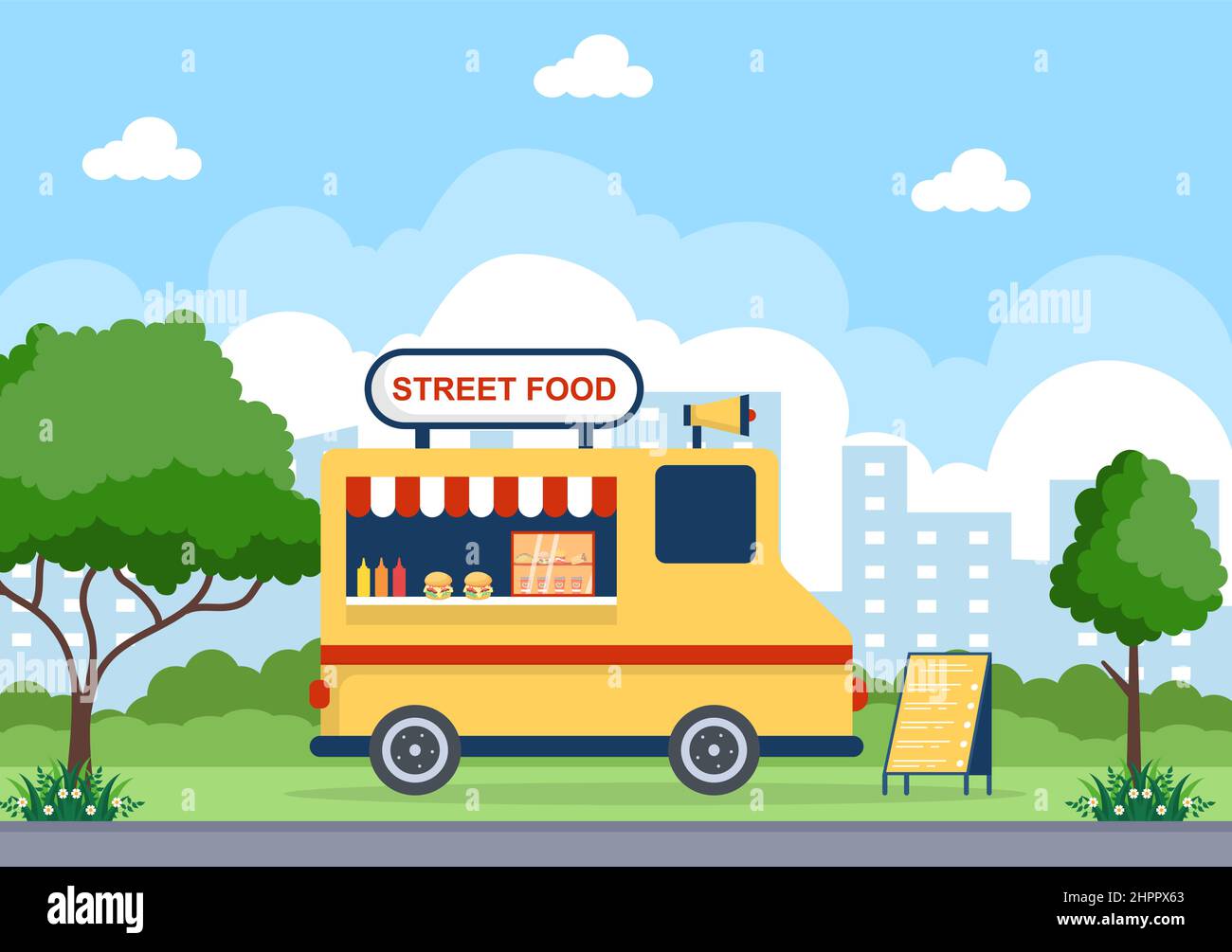 Outdoor Street and Food Truck Serving Fast Food such as Pizza, Burger