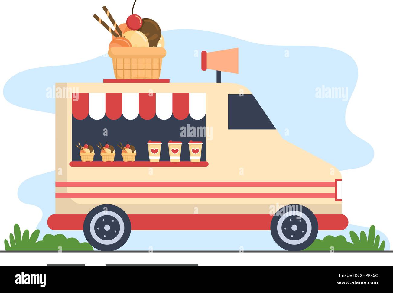 Outdoor Street and Food Truck Serving Fast Food such as Pizza, Burger