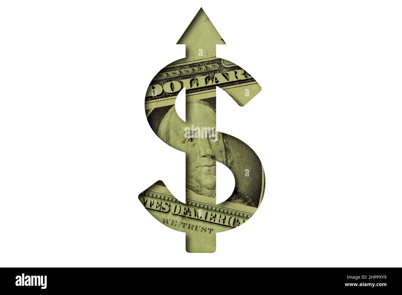 Dollar sign with upward arrow made of dollar banknotes on white background - Concept of growing and upward trend of dollar currency Stock Photo