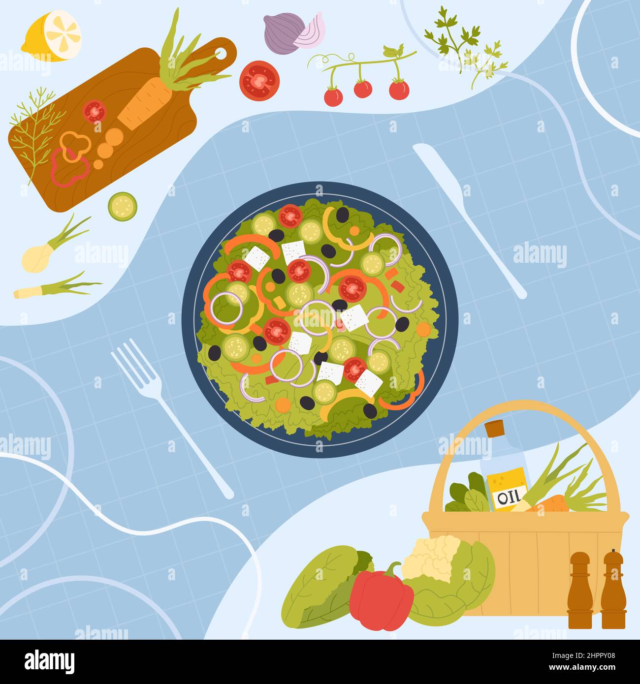 Greek salad recipe, Mediterranean diet. Green lettuce, sliced tomato and paprika, feta cheese on plate with fork and knife, fresh organic vegetables ingredients in basket flat vector illustration Stock Vector