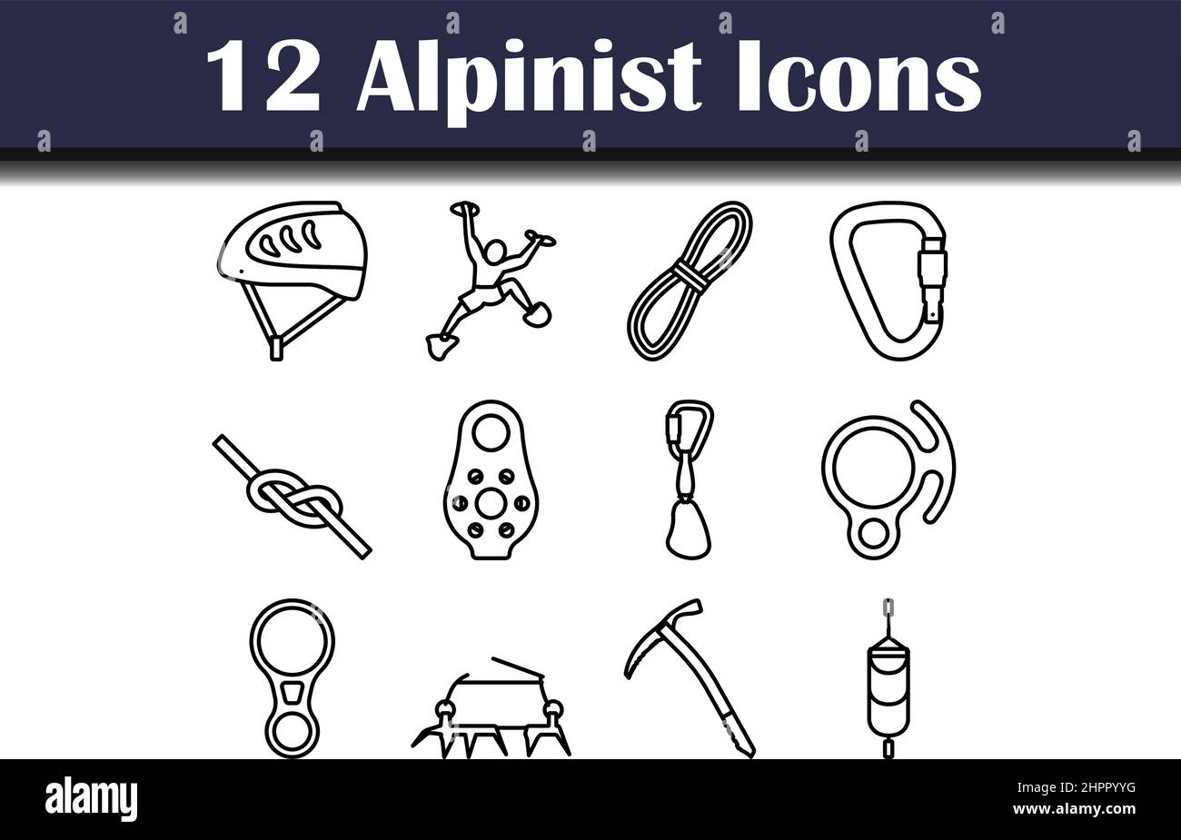 Alpinist Icon Set. Bold outline design with editable stroke width. Vector Illustration. Stock Vector