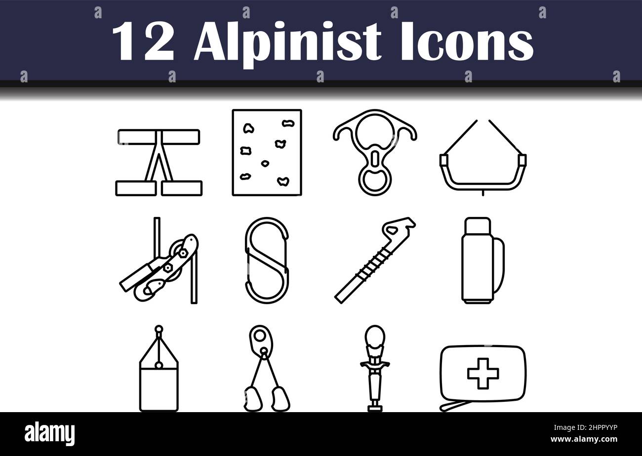 Alpinist Icon Set. Bold outline design with editable stroke width. Vector Illustration. Stock Vector
