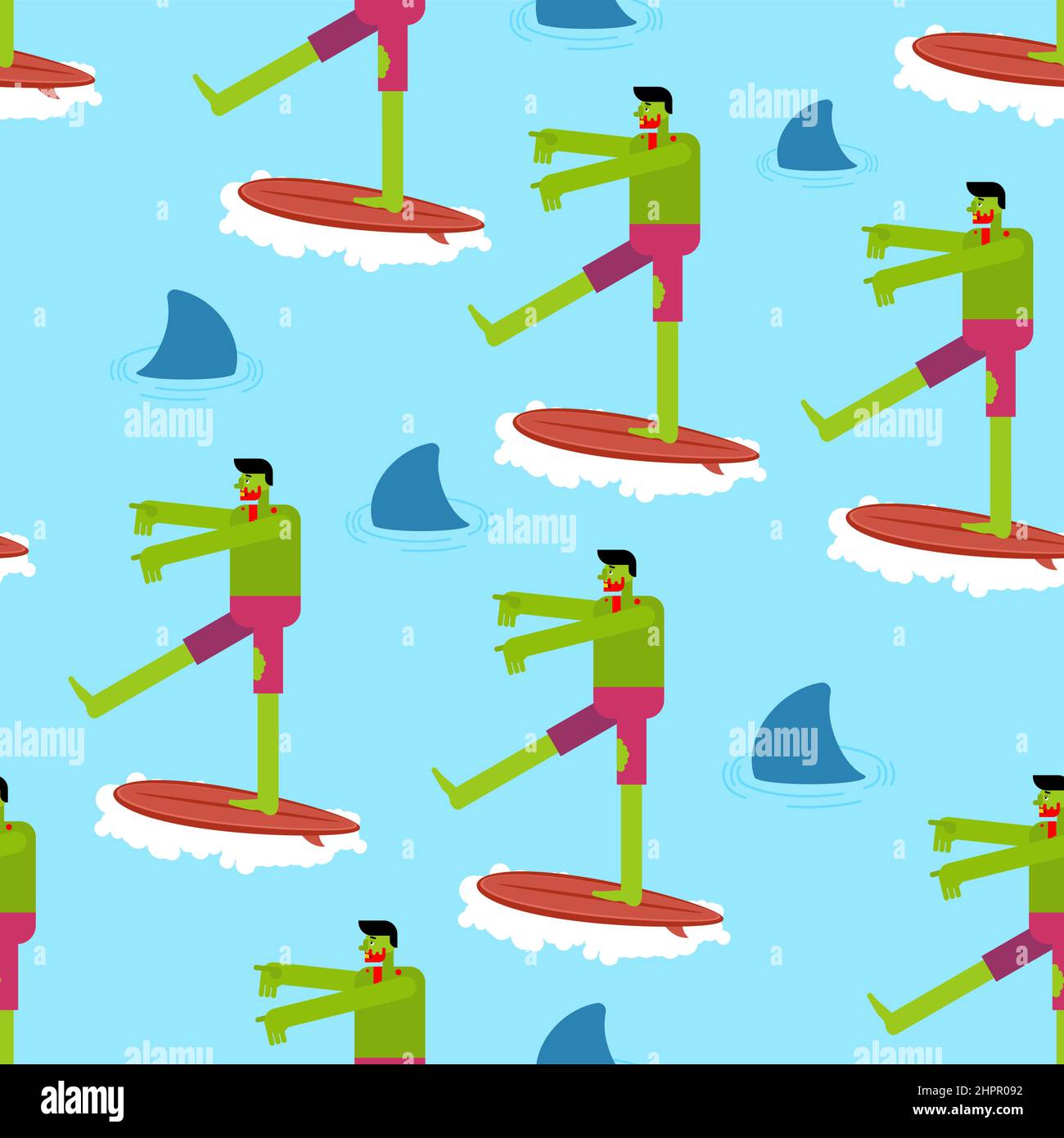 Zombie surfer pattern seamless. Dead man on surfboard background. Vector texture Stock Vector