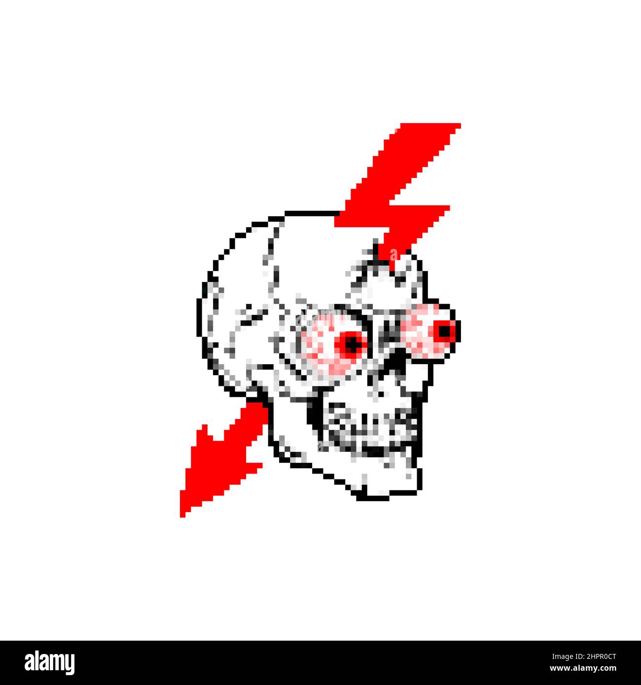Skull and lightning sign of danger pixel art. Security symbol 8 bit. Danger! Keep out pixelated Stock Vector