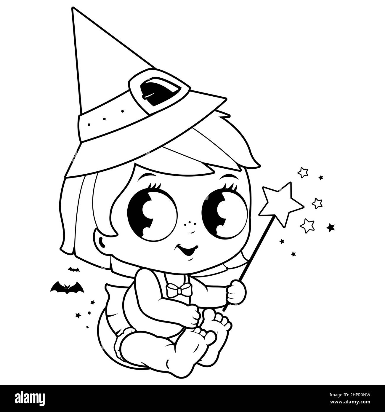 Cute baby girl in Halloween witch costume. Black and white coloring page Stock Photo