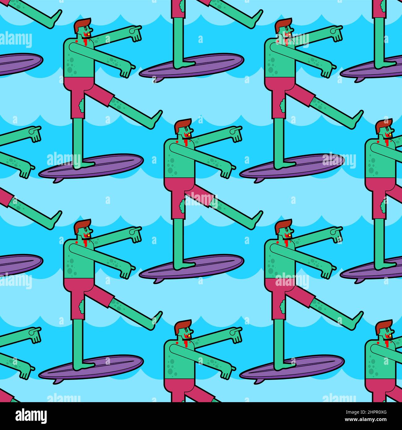 Zombie surfer pattern seamless. Dead man on surfboard background. Vector texture Stock Vector