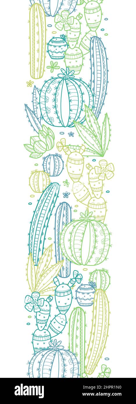 Cute hand drawn cactus seamless pattern, line art background, vibrant ...