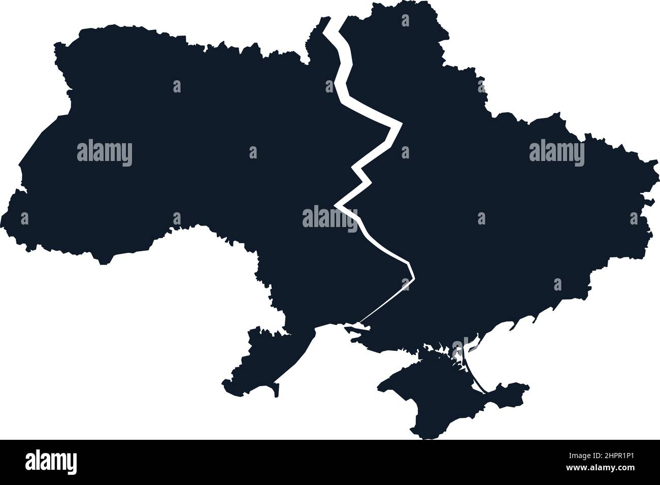 Crack on the map of Ukraine. Ukrainian crisis with Russia, decline, ruin, collapse, failure, disintegration and decimposition of Ukrainian country and Stock Vector