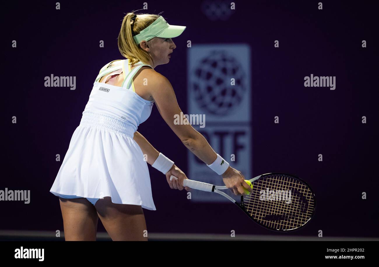 Doha, Qatar - February 22, 2022, Jil Teichmann of Switzerland in action  against Angelique Kerber of Germany during the first round of the 2022  Qatar TotalEnergies Open, WTA 1000 tennis tournament on