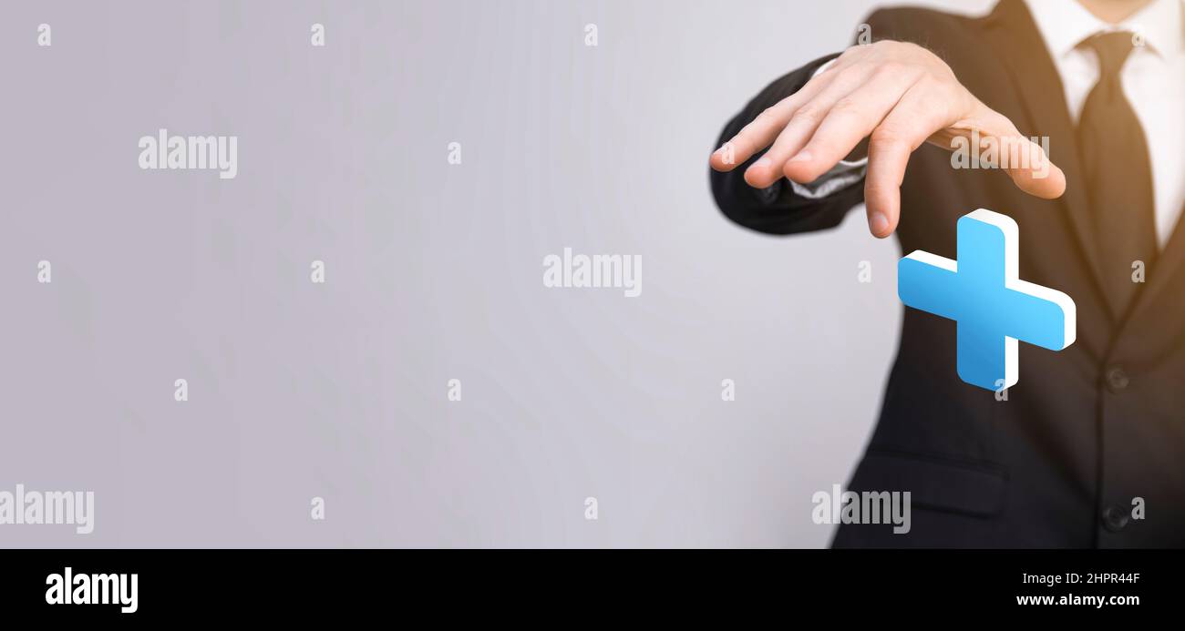 Businessman hold 3D plus icon, man hold in hand offer positive thing ...