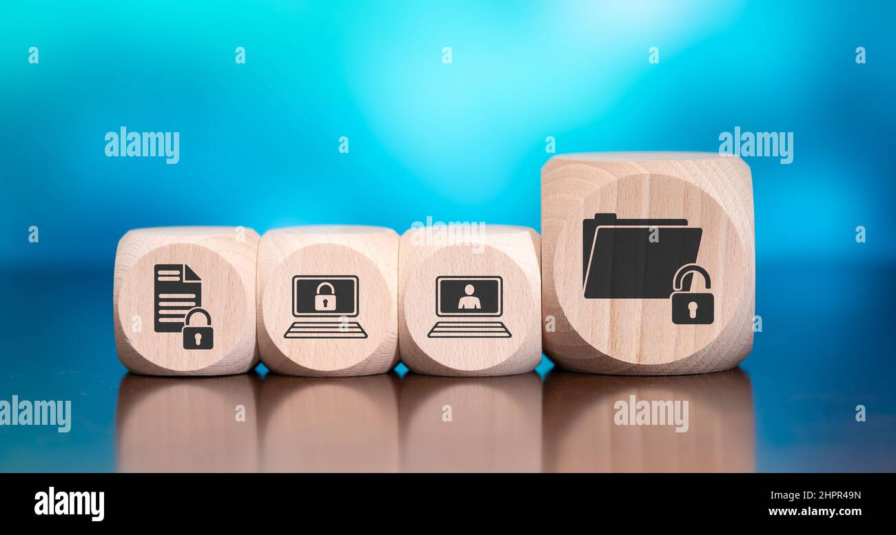 Wooden blocks with symbol of confidential data concept on blue ...
