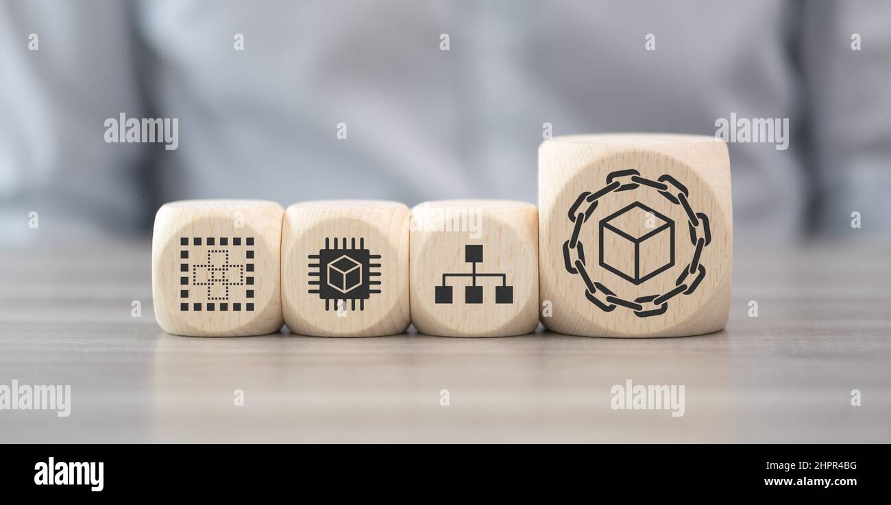 Wooden blocks with symbol of blockchain concept Stock Photo Alamy