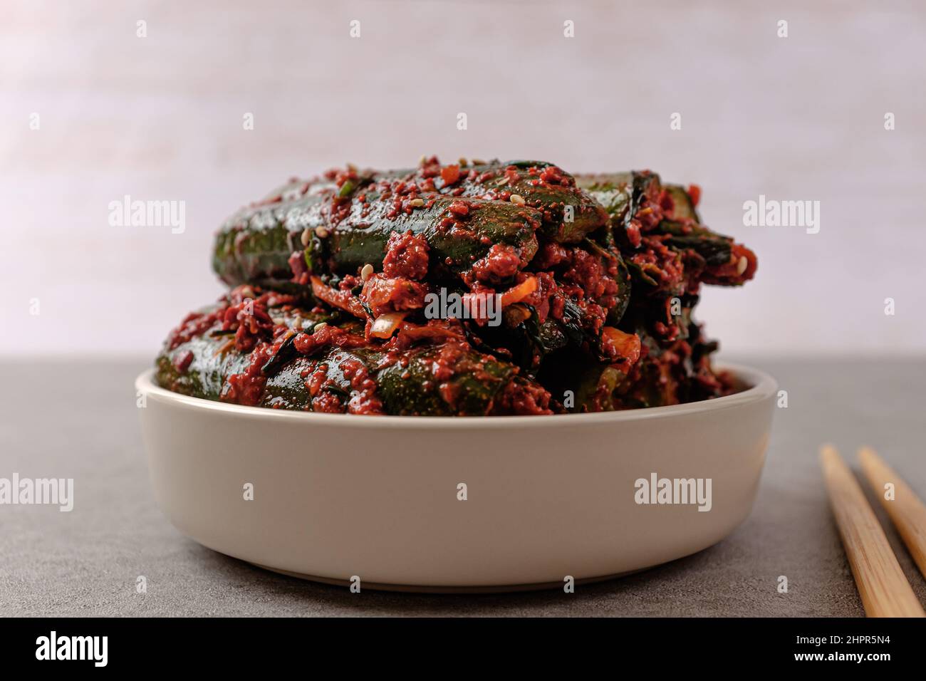 Korean food cucumber kimchi seasoned with red pepper powder Stock Photo