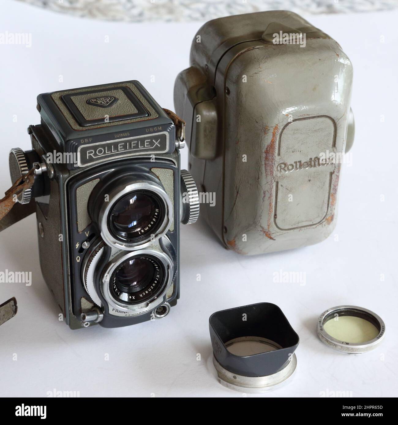 Vintage German Franke & Heidecke Rolleiflex twin-lens medium-format rlex camera with Xenar lens, case and accessories Stock Photo