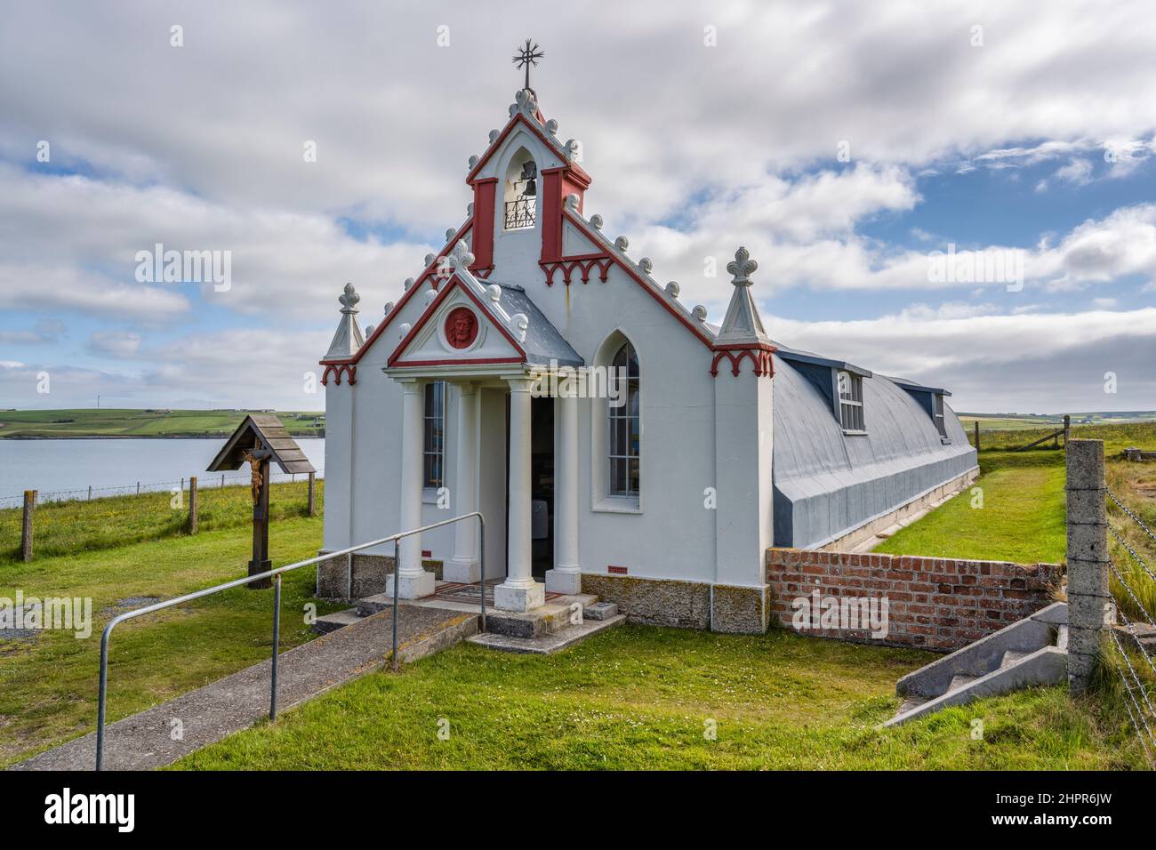Exterior of Italian Chapel, built by Italian POWs during WW2, on the small island of Lamb Holm, Orkney Isles, Scotland, UK Stock Photo