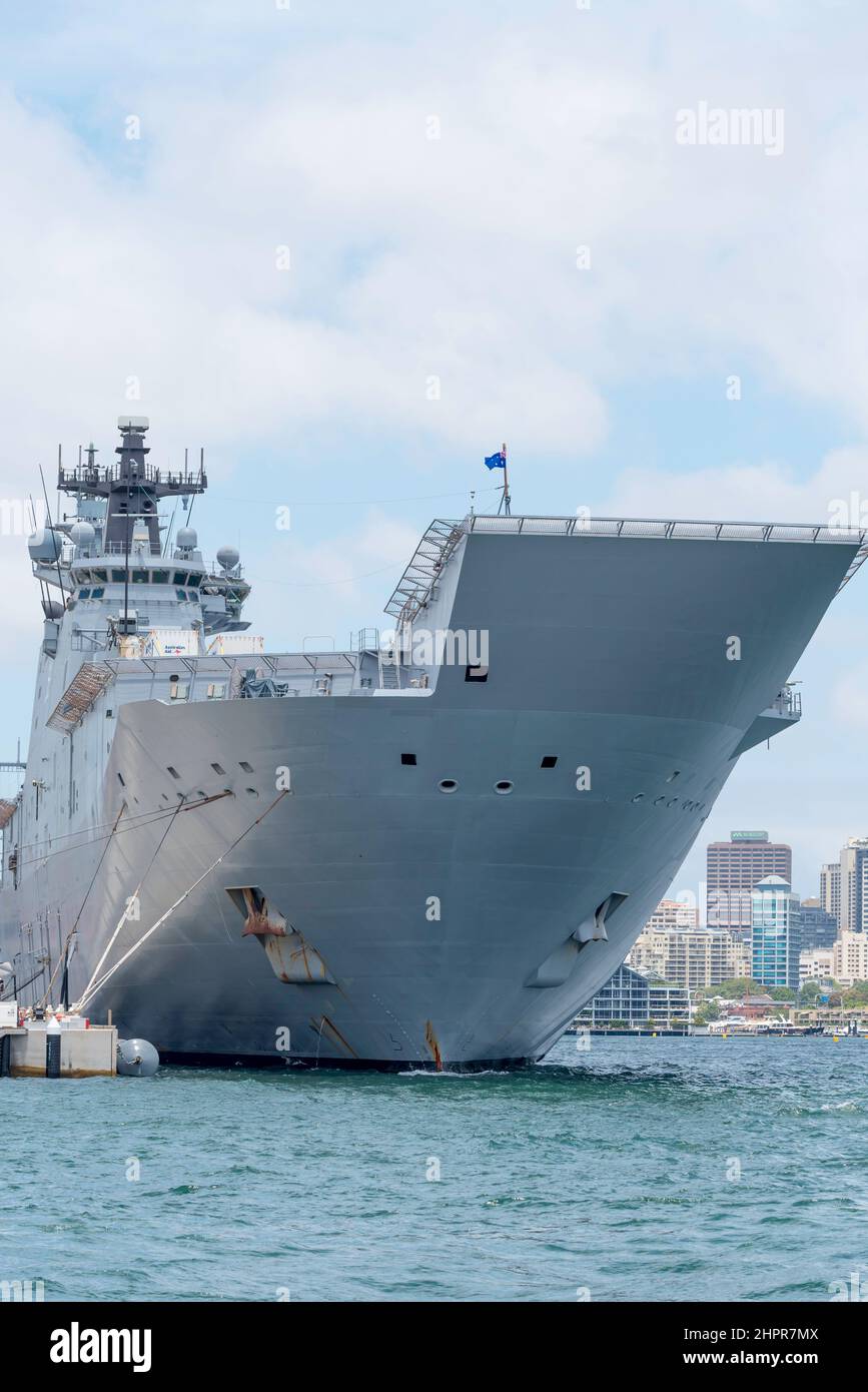 Royal Australian Navy landing helicopter dock ship HMAS Adelaide (L01) at Garden Island is a Canberra-class helicopter carrier amphibious assault ship Stock Photo