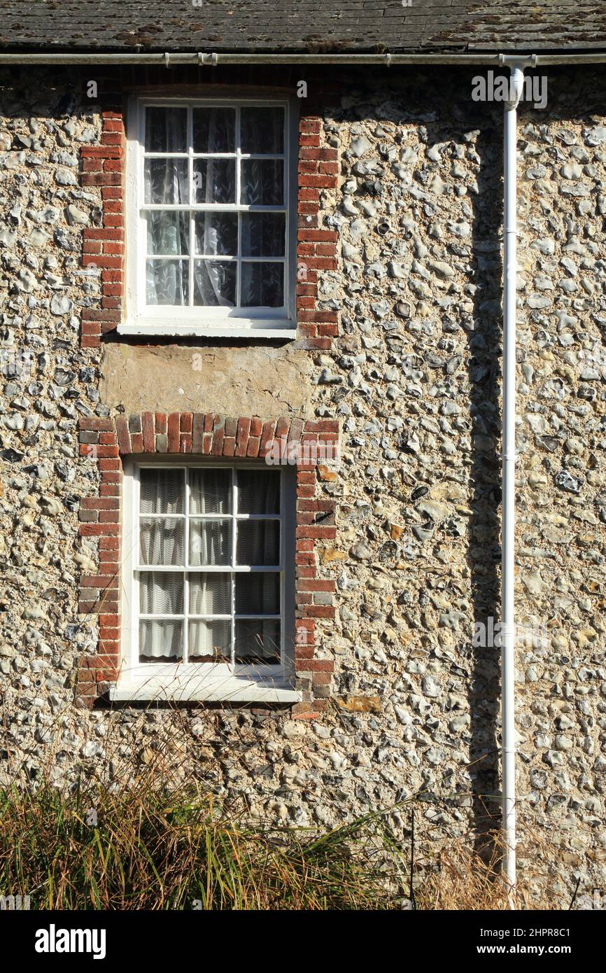 Windows on mill workers flint and brick cottage, Lower Road, River