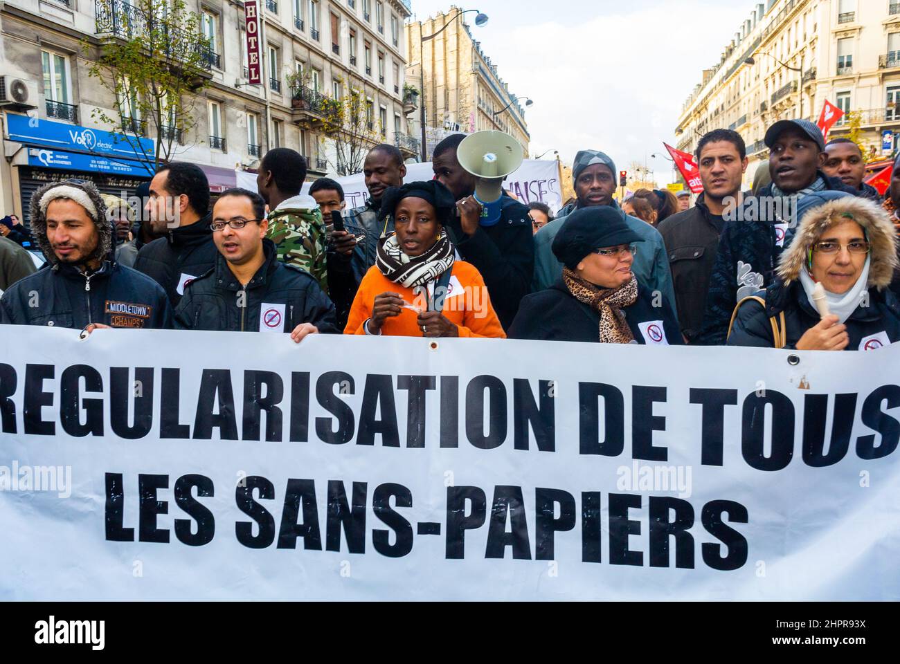Paris, France, Crowd People, Marching with Protest Banner, French ...