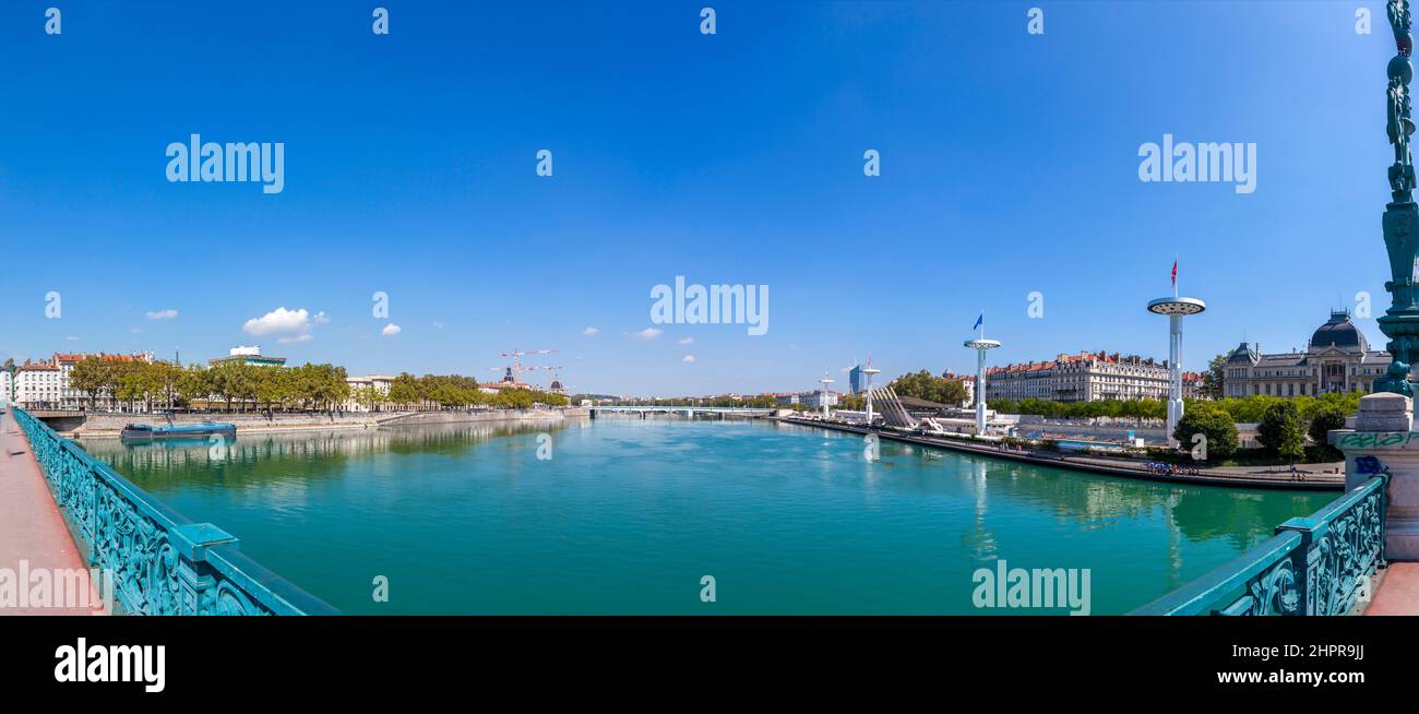 view to Rriver rhone and skyline of Lyon, France Stock Photo