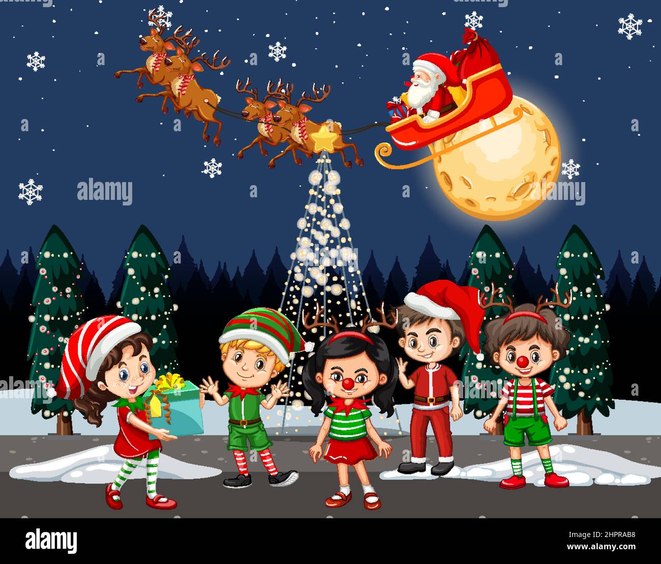 Christmas winter scene with happy children illustration Stock Vector