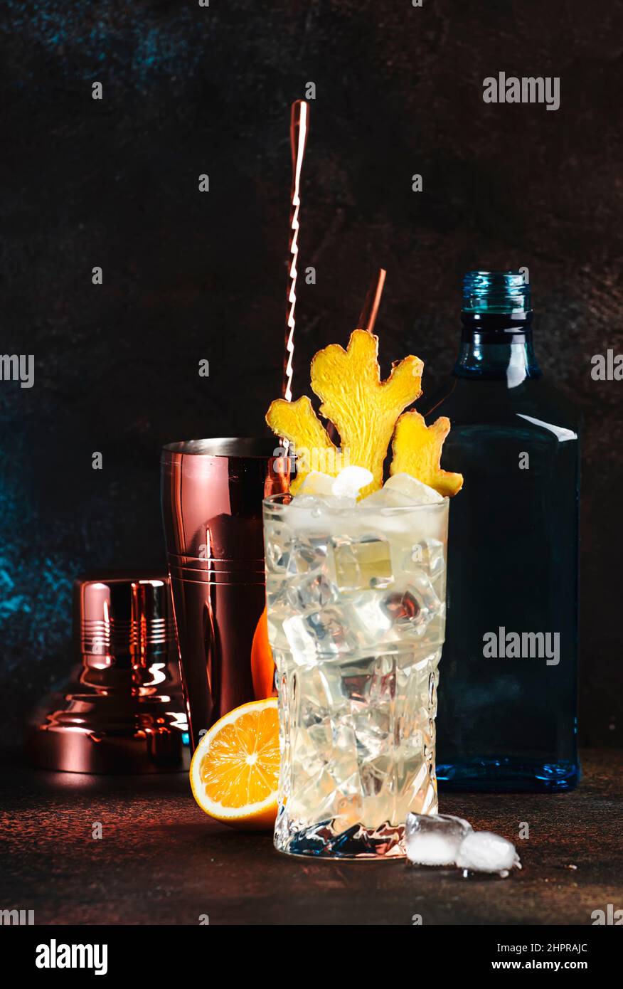 Gin mule alcoholic cocktail with dry gin, lemon juice, soda, lime and