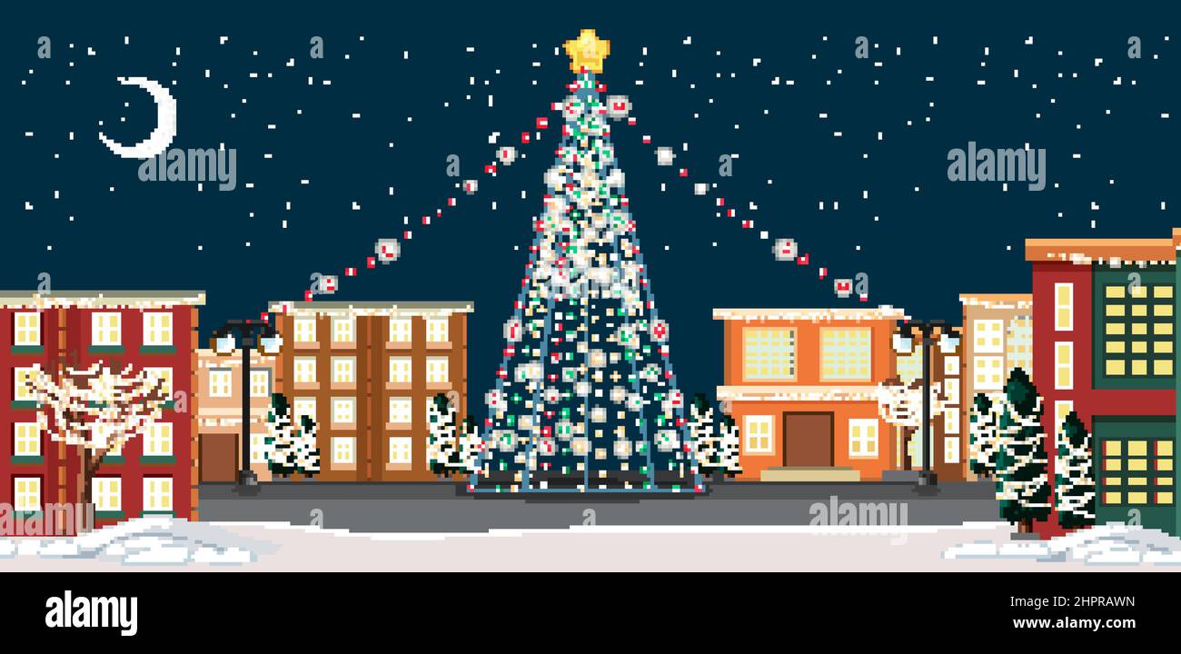 Decorated Christmas tree in the town at night scene illustration Stock ...