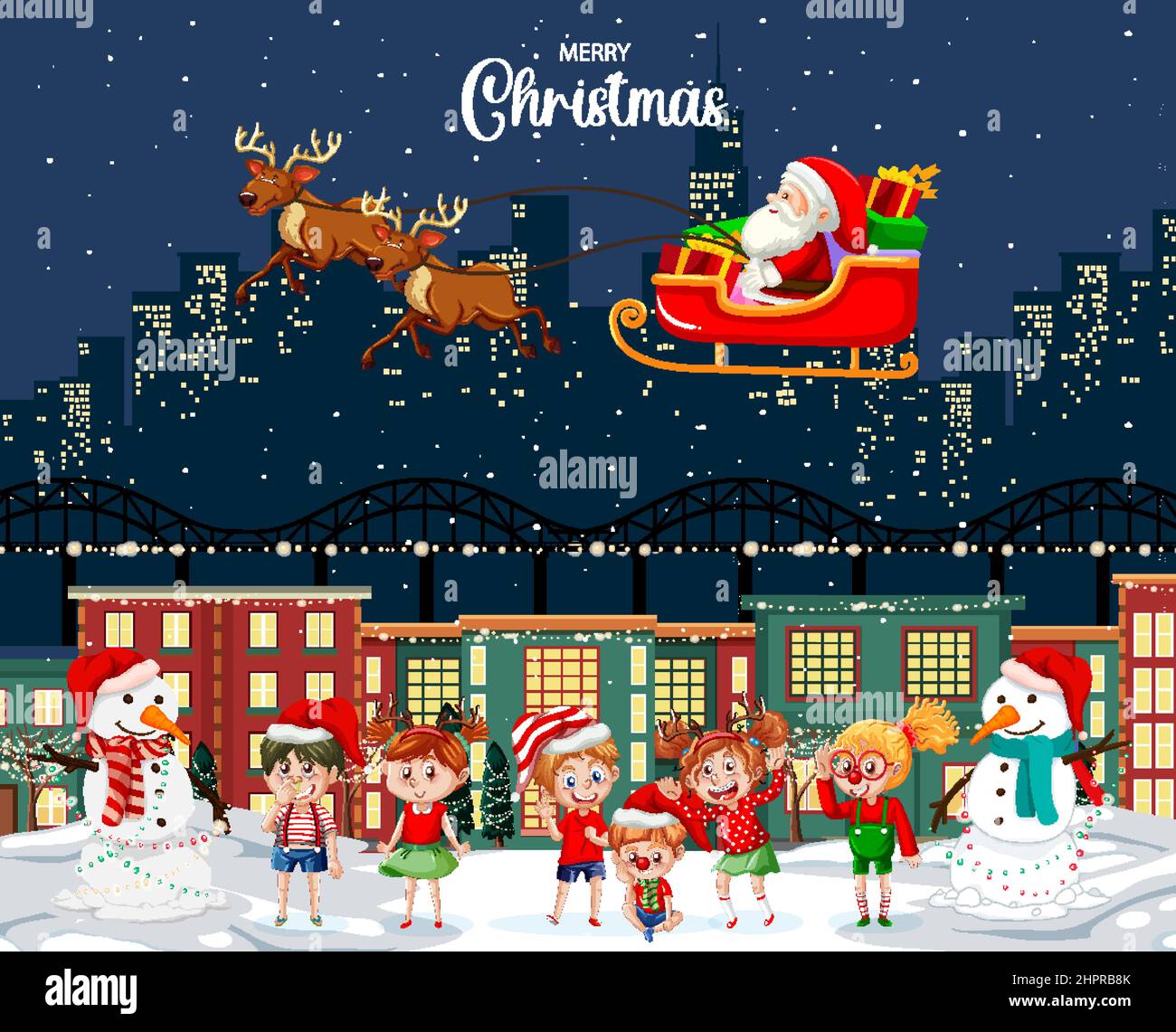 Christmas winter scene with happy children illustration Stock Vector