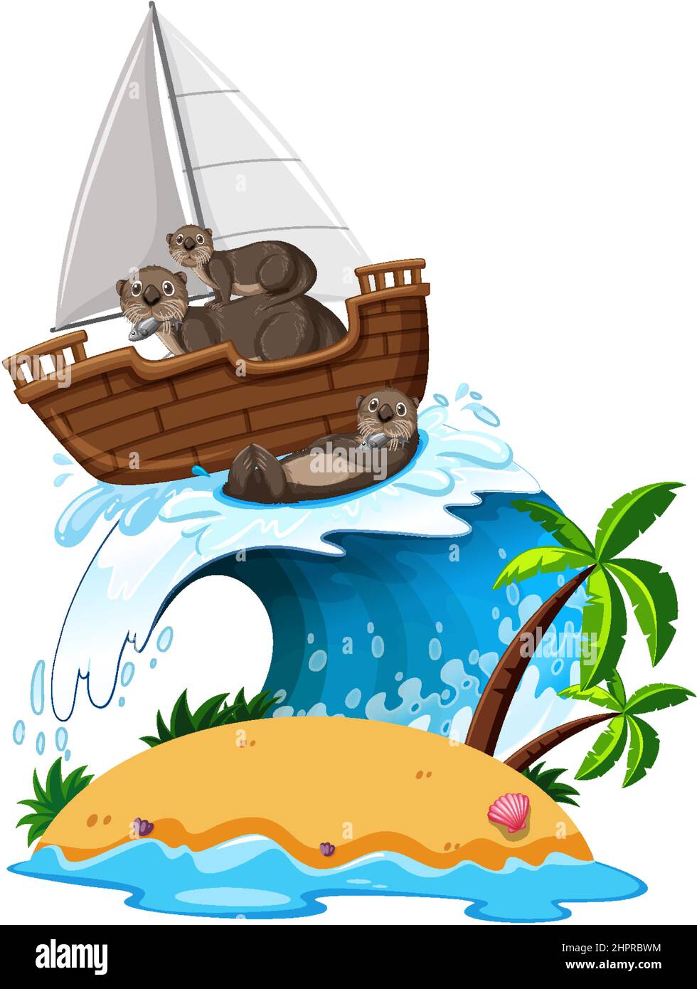 Otters on sailboat with ocean wave illustration Stock Vector