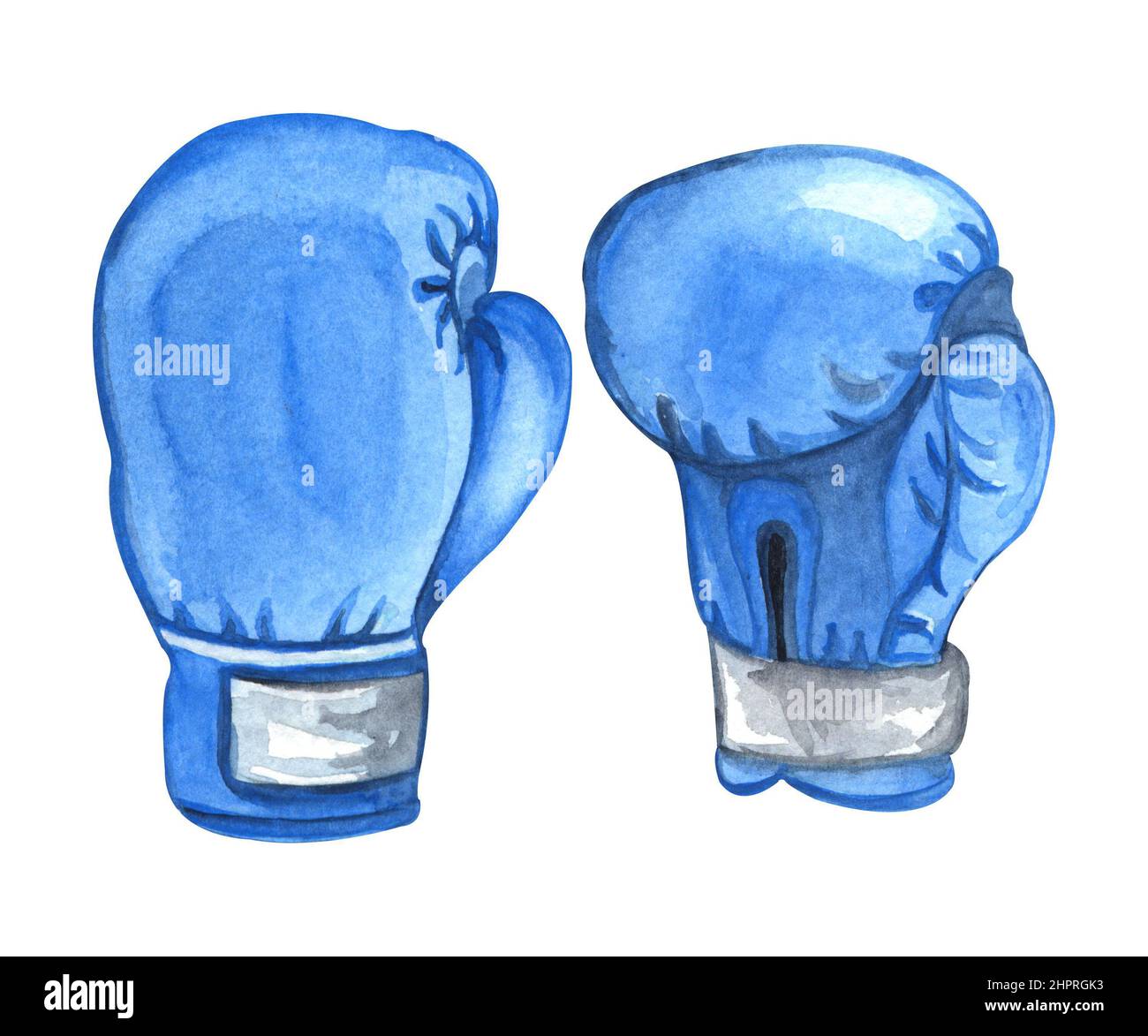 Waatercolor illustration of pair blue boxing gloves isolated on white background. Hand drawn sketch Stock Photo