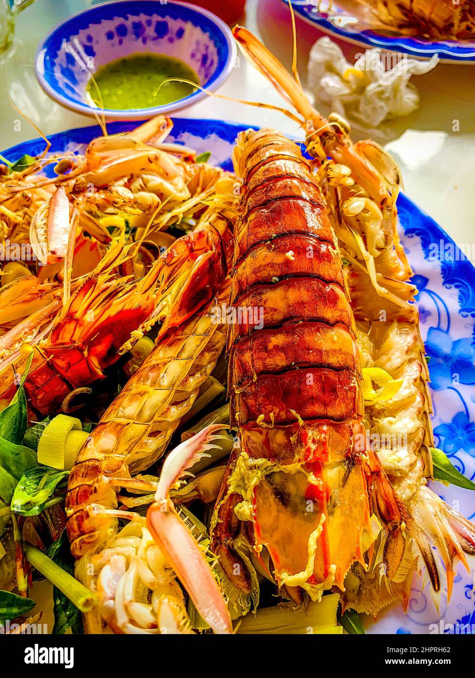 Seafood Mantis Shrimp at Be Bon Thinh restaurant, Dong Hua District. Stock Photo