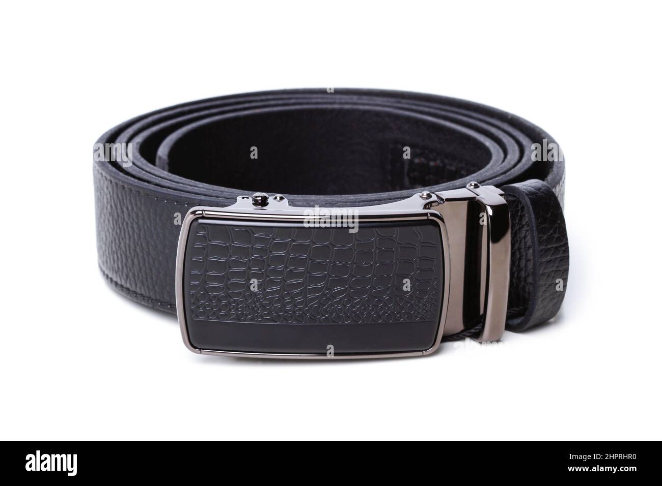 Black leather belt with automatic buckle isolated on white Stock Photo