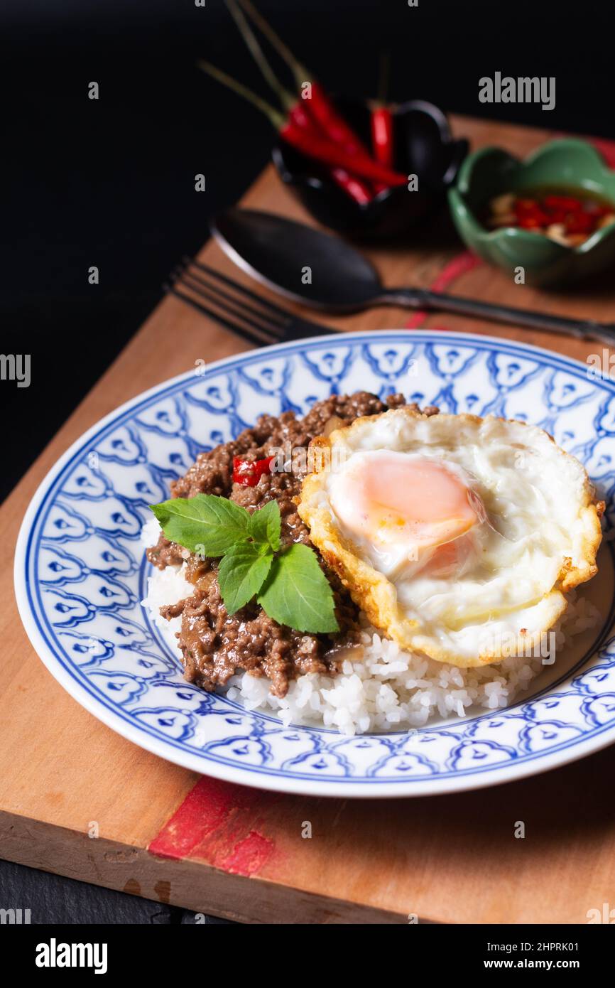 Thai Food concept Khao pad krapow rice and minced beef Thai holy basil