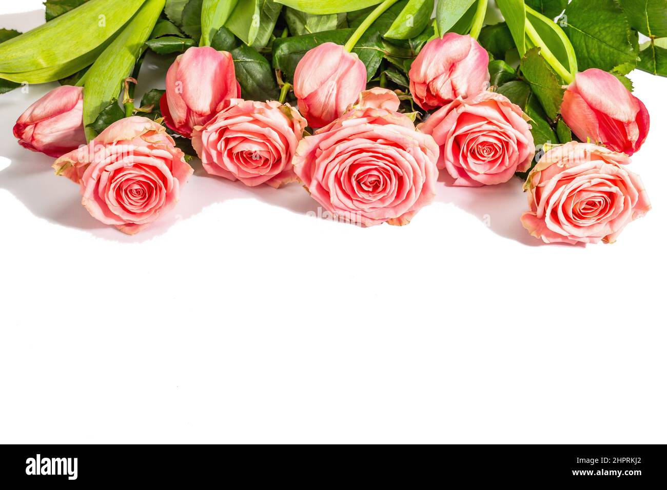 Bouquet of fresh delicate roses and tulips isolated on white background ...