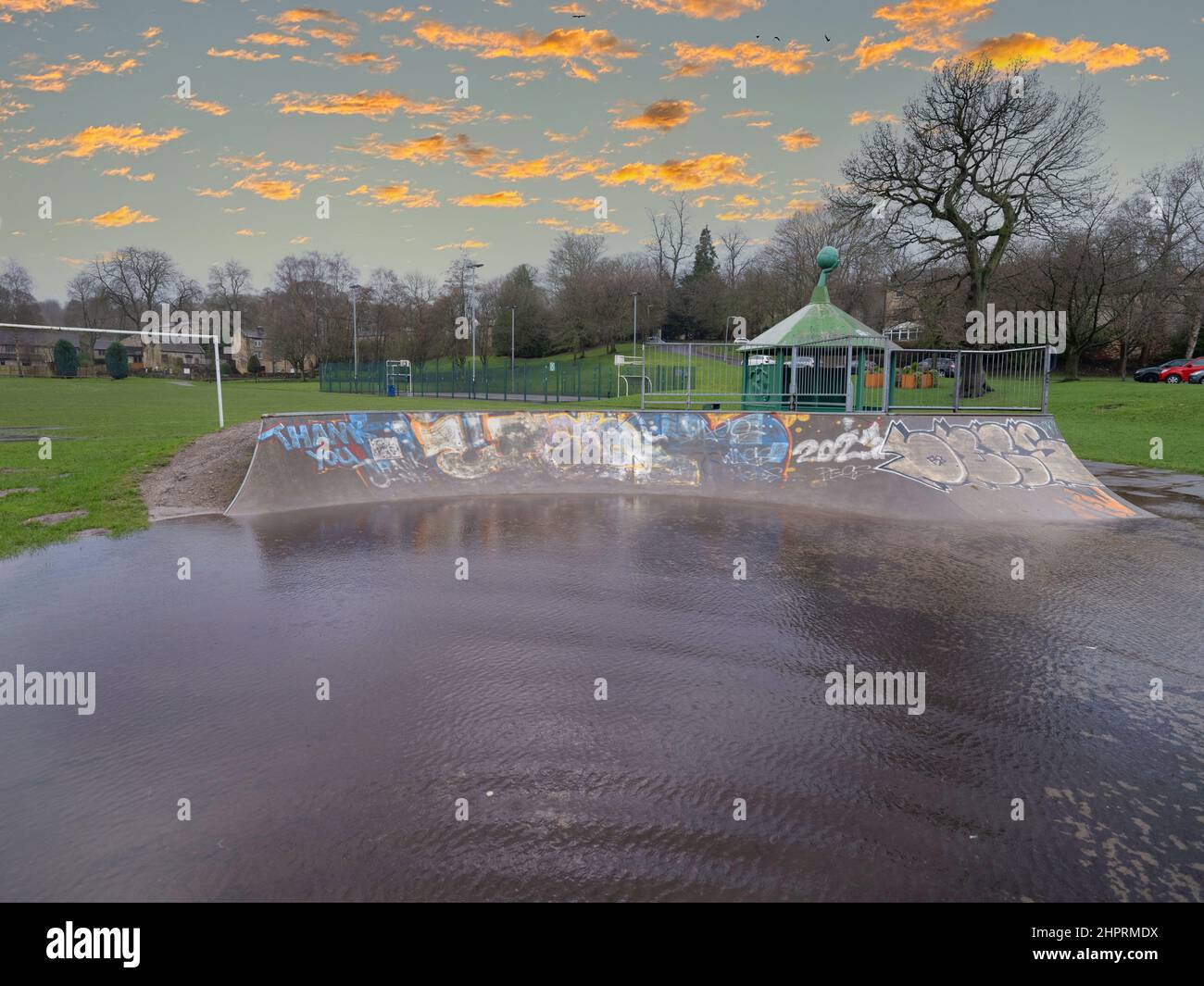 Flooded skatepark and football pitch Stock Photo