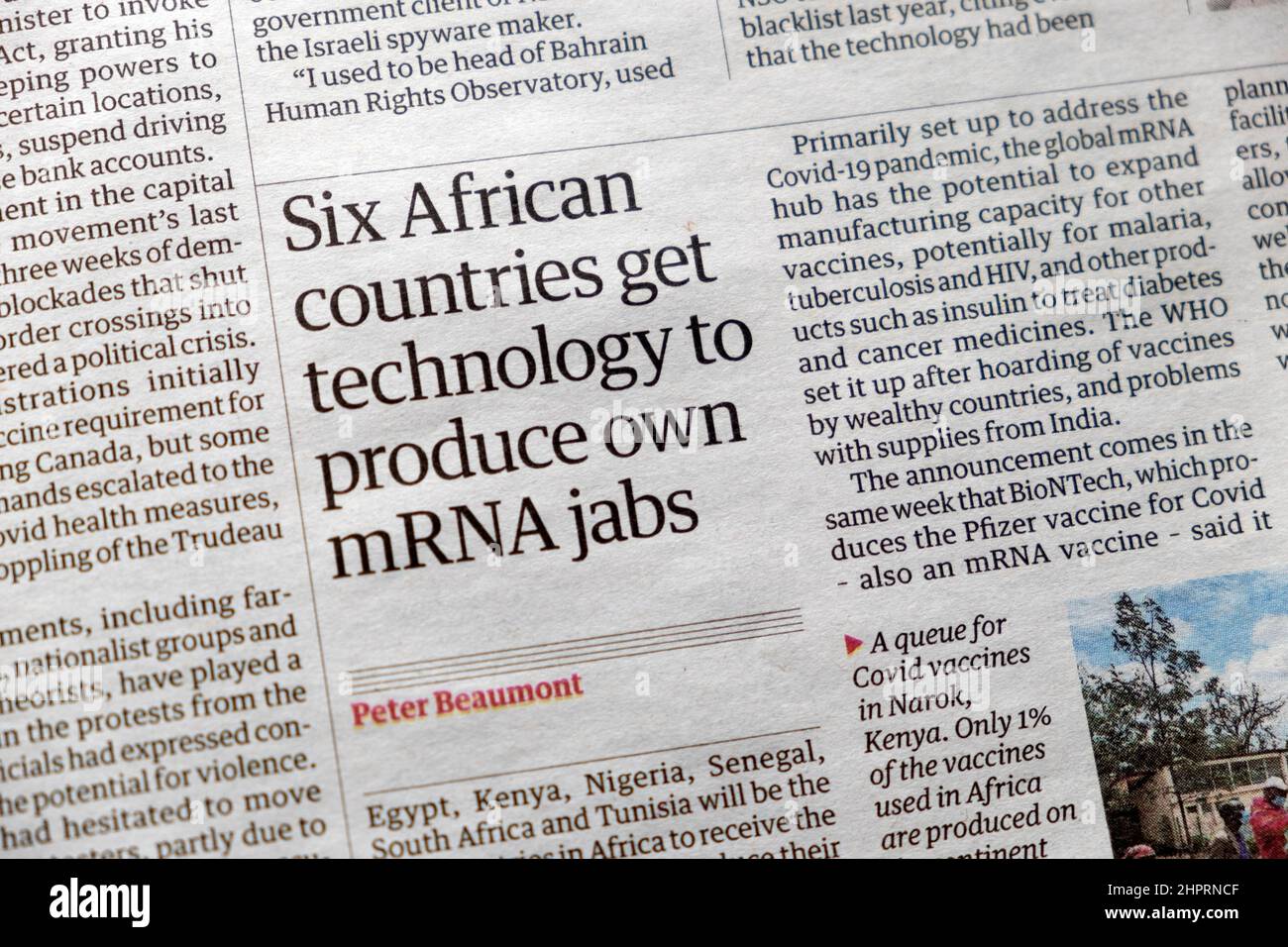 'Six African countries get technology to produce own mRNA jabs' Guardian newspaper headline Africa vaccine article clipping on February 19 2022  UK Stock Photo