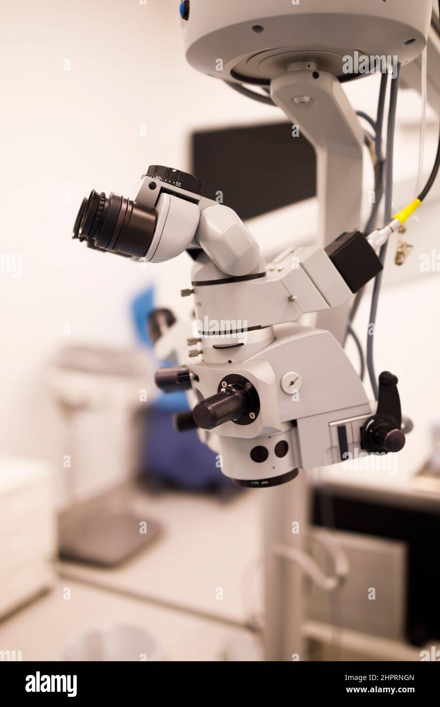 Opthtalmic microscope used in treating eye problems such as cataract Stock Photo