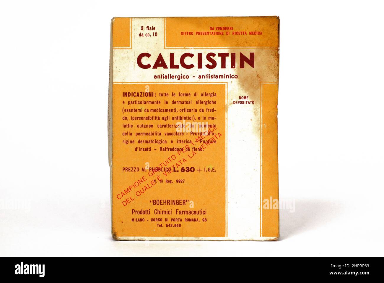 Vintage 1950s CALCISTIN vials medicine with Calcium Lactate for the treatment of allergies. BOEHRINGER - Milan (Italy) Stock Photo