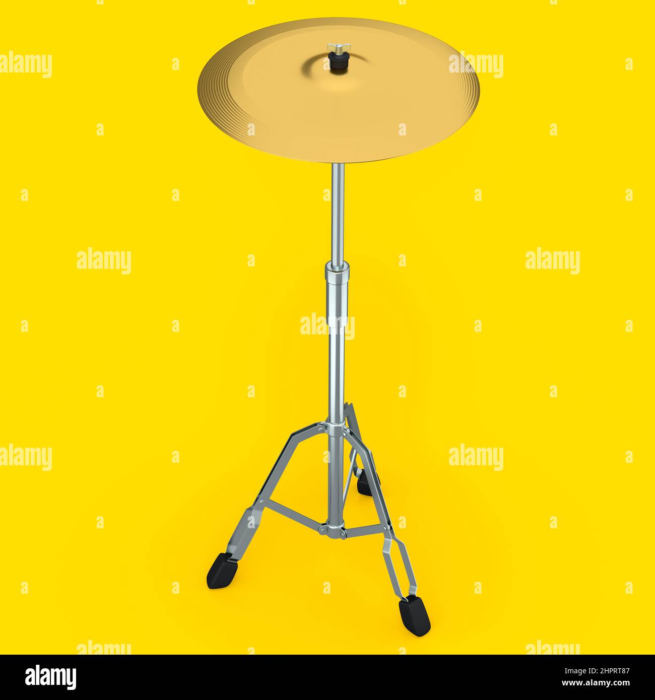 Metal cymbal on a stand on yellow background. 3d render concept of