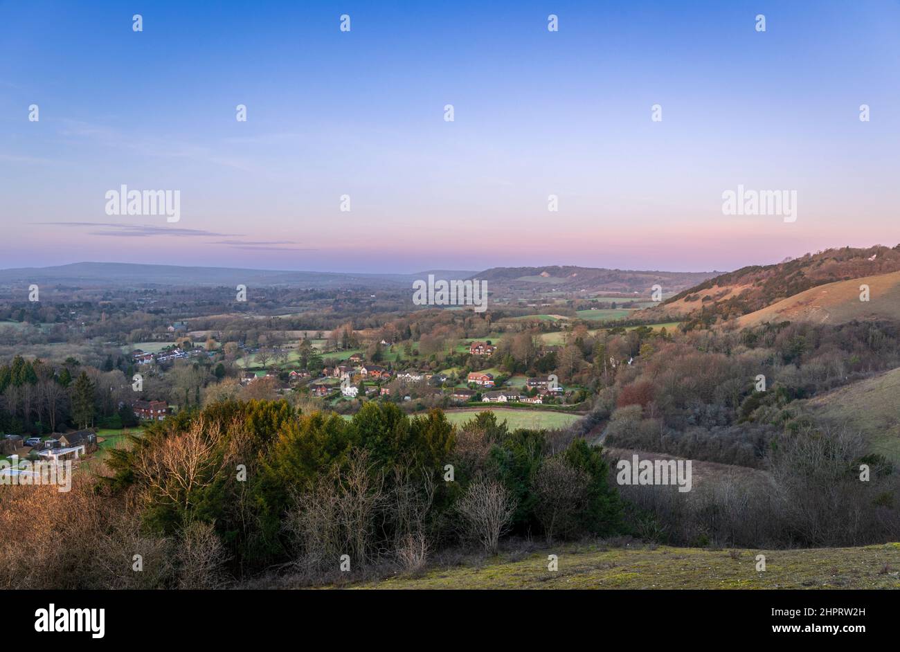 Calm morning dawn view from Colley Hill Reigate on the Surrey Hills North Downs south east England Stock Photo