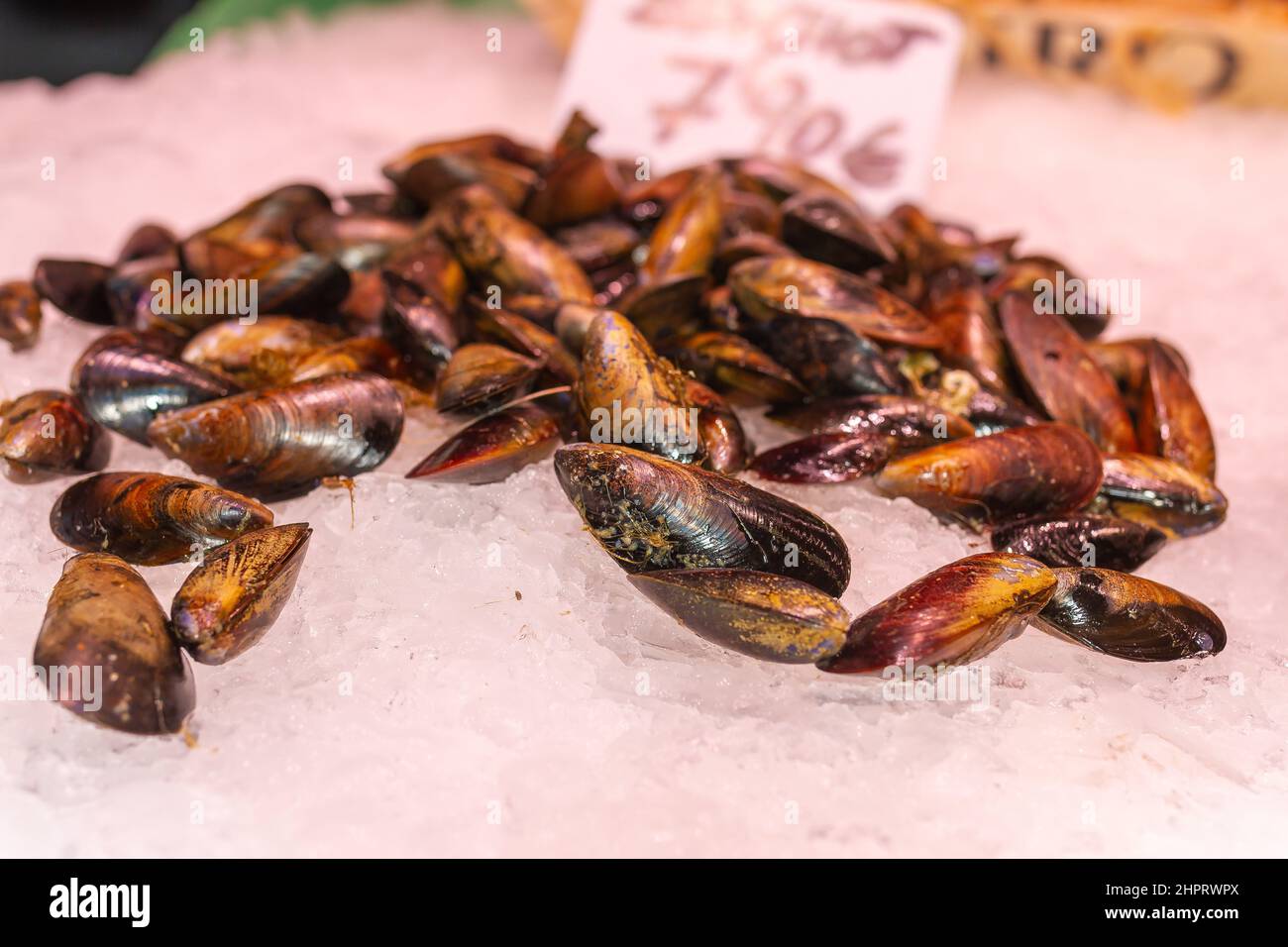Fresh French mussels on ice in a fishmonger's shop at the Boqueria